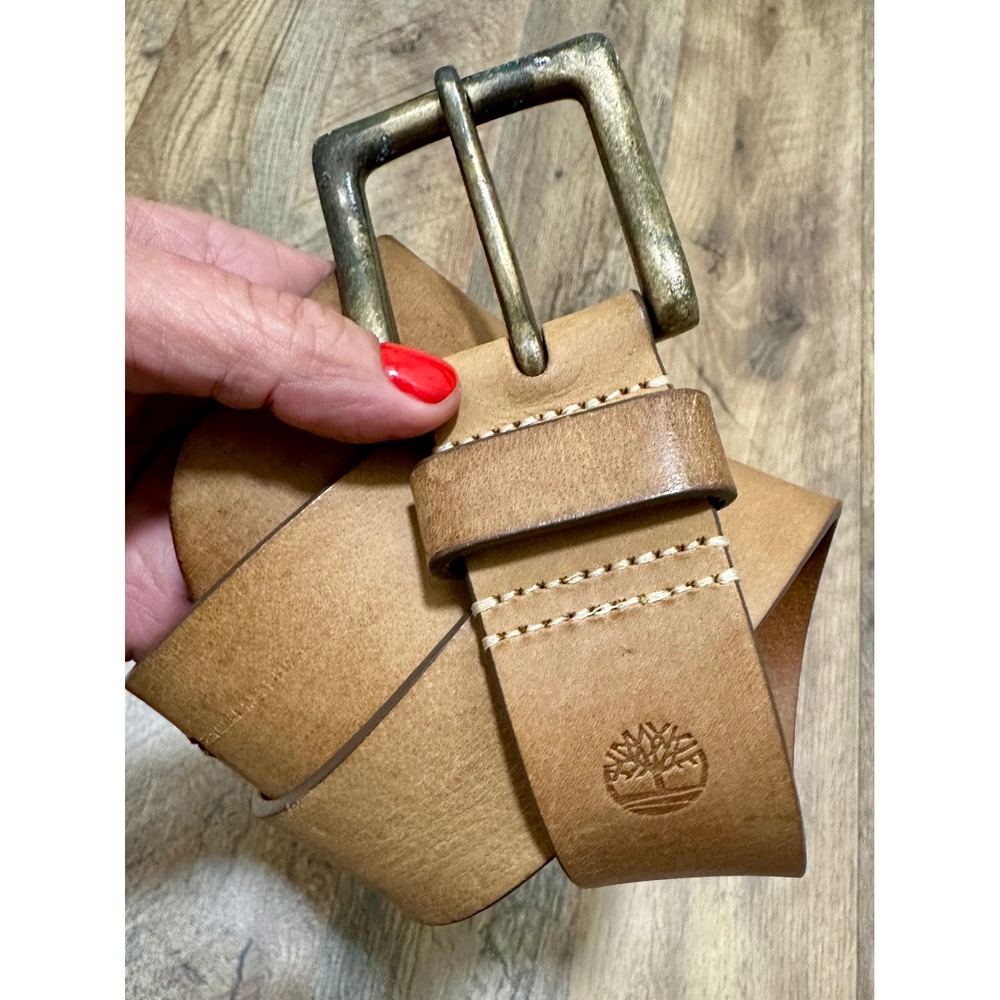 Timberland Mens Tan Genuine Leather Belt Brass Buckle Size 32 Logo Embossed